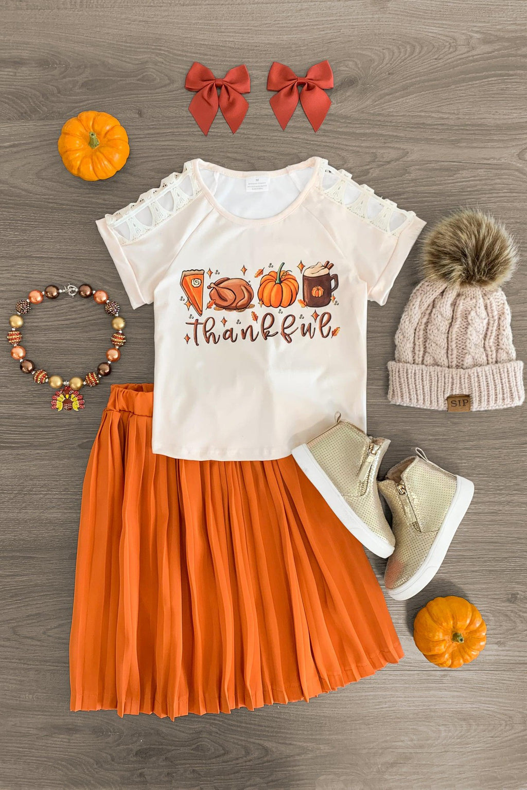 "Thankful" Orange Pleated Skirt Set - Sparkle in Pink