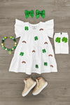 White Sequin Shamrock & Rainbow Ruffle Dress | Sparkle in Pink