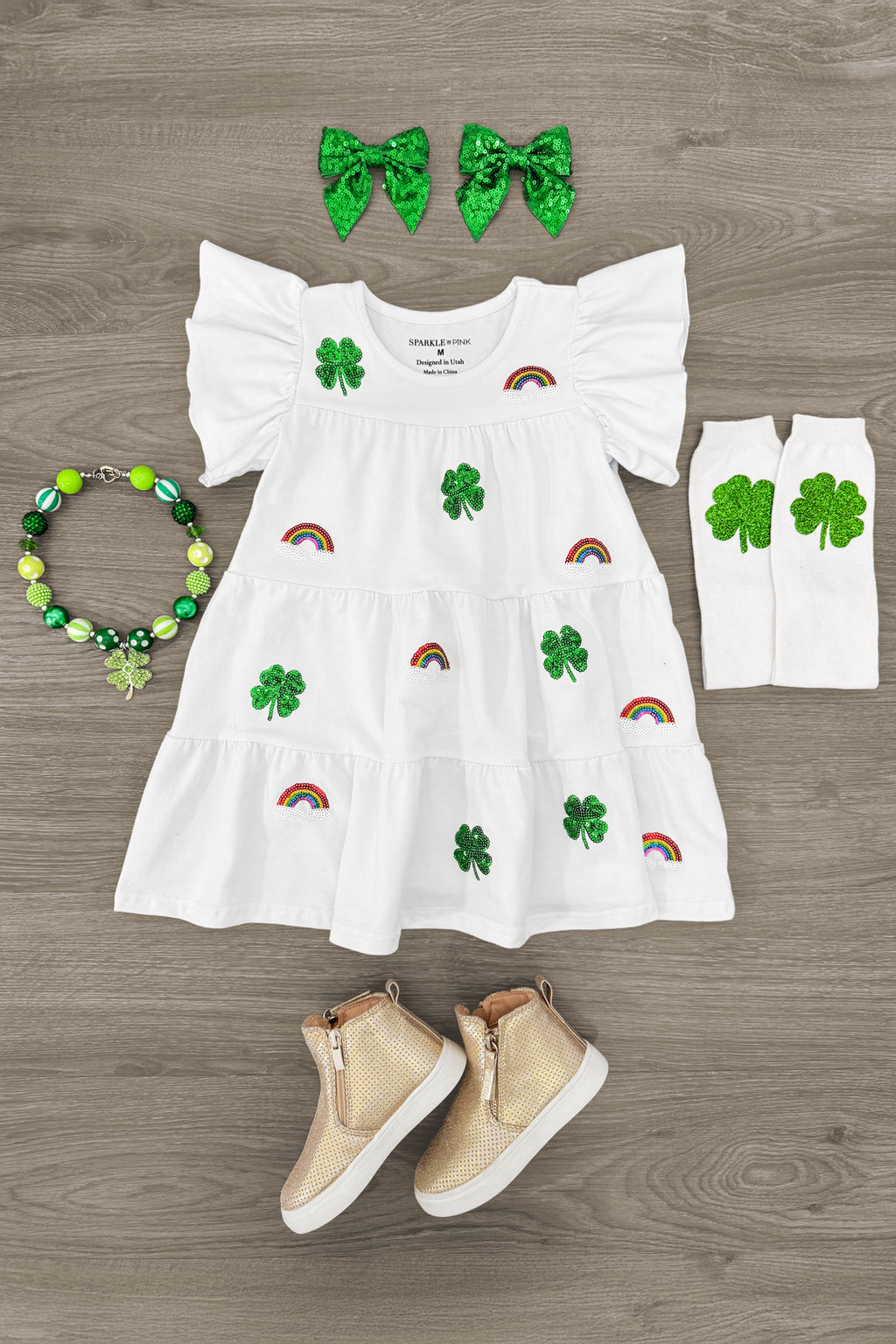 White Sequin Shamrock & Rainbow Ruffle Dress | Sparkle in Pink