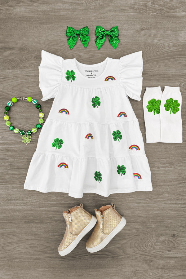 White Sequin Shamrock & Rainbow Ruffle Dress | Sparkle in Pink