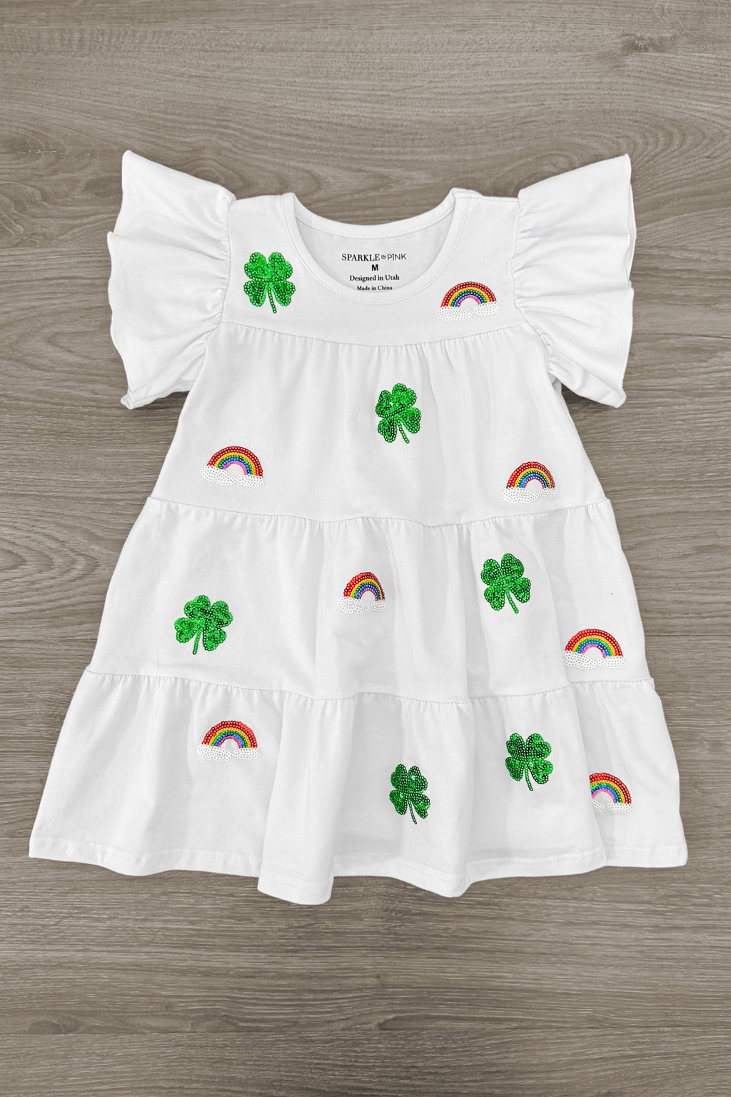 White Sequin Shamrock & Rainbow Ruffle Dress | Sparkle in Pink
