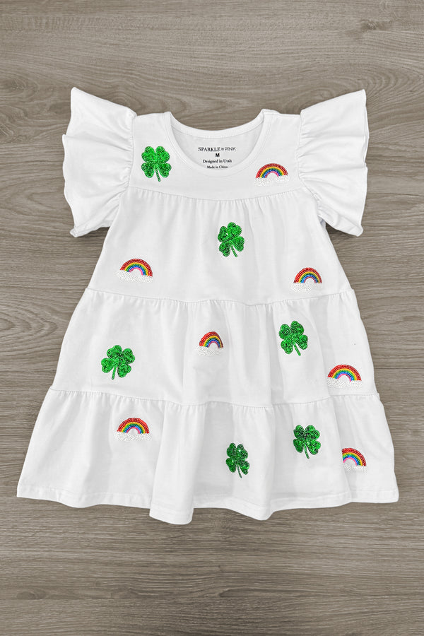 White Sequin Shamrock & Rainbow Ruffle Dress | Sparkle in Pink