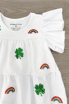 White Sequin Shamrock & Rainbow Ruffle Dress | Sparkle in Pink