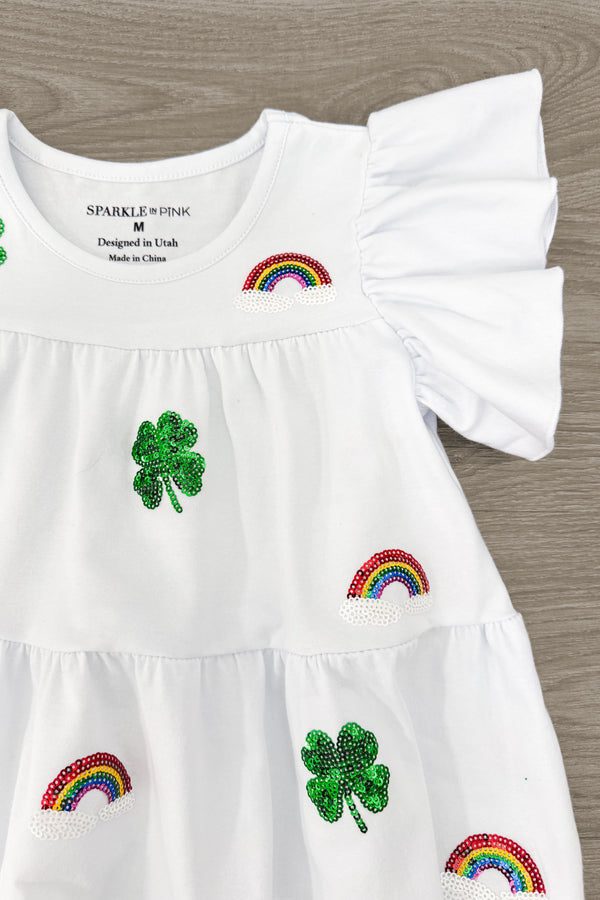 White Sequin Shamrock & Rainbow Ruffle Dress | Sparkle in Pink