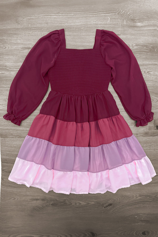 Mom & Me - Purple Ruffle Ombre Dress - MOM-XS - Purple dress with long puff sleeves, square neckline, and layered ruffle ombre skirt in shades of pink and purple.