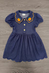 Faux Denim Pumpkin Dress - 6-12 Months - Blue faux denim dress with puff sleeves, scalloped hem, and a collar decorated with orange pumpkin appliques and yellow trim.