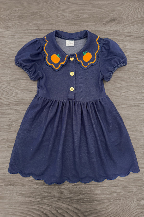 Faux Denim Pumpkin Dress - 6-12 Months - Blue faux denim dress with puff sleeves, scalloped hem, and a collar decorated with orange pumpkin appliques and yellow trim.