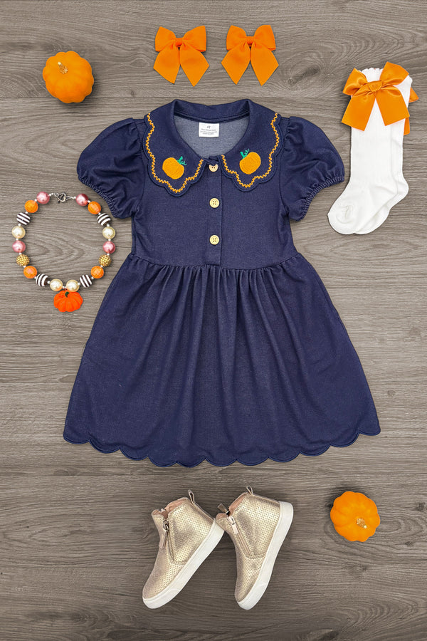 Faux Denim Pumpkin Dress - 6-12 Months - Navy faux denim pumpkin dress with puff sleeves, scalloped hem, and embroidered orange pumpkins on the chest.