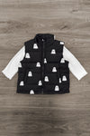 Mom & Me - Ghost Vest Set - CHILD-6-12 Months - Black padded vest with white ghost prints layered over long-sleeve white shirt on wood floor background.