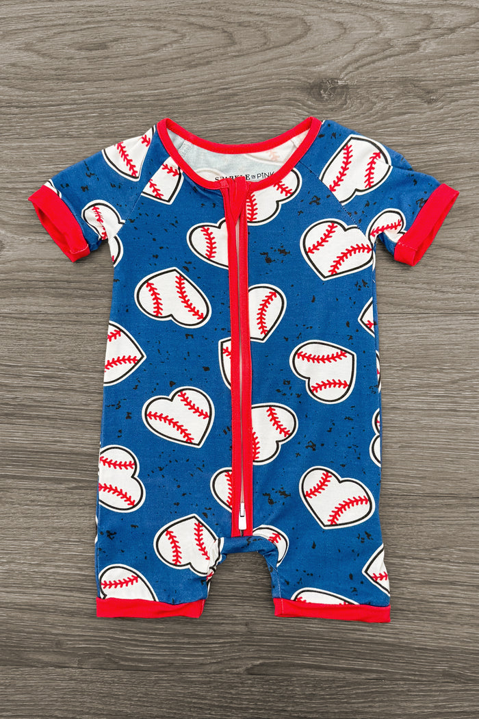 Blue Bamboo Baseball Heart Onesie - Newborn - Blue bamboo baby onesie with baseball and heart prints, red trim and zipper closure.