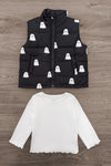 Mom & Me - Ghost Vest Set - CHILD-6-12 Months - Black puffer vest with white ghost prints paired with a white long-sleeve shirt featuring scalloped edges.