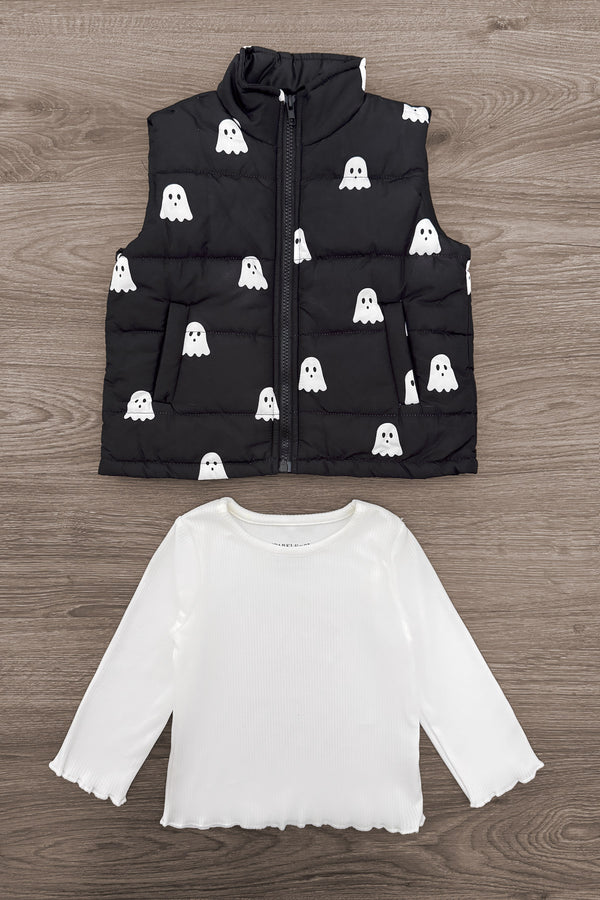 Mom & Me - Ghost Vest Set - CHILD-6-12 Months - Black puffer vest with white ghost prints paired with a white long-sleeve shirt featuring scalloped edges.
