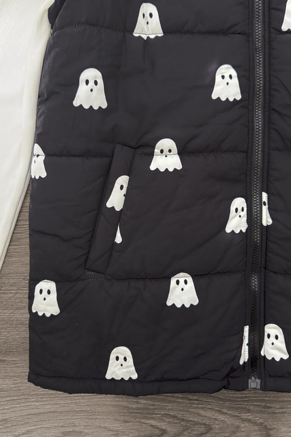 Mom & Me - Ghost Vest Set - CHILD-6-12 Months - Black quilted vest with white ghost prints and front zipper closure.
