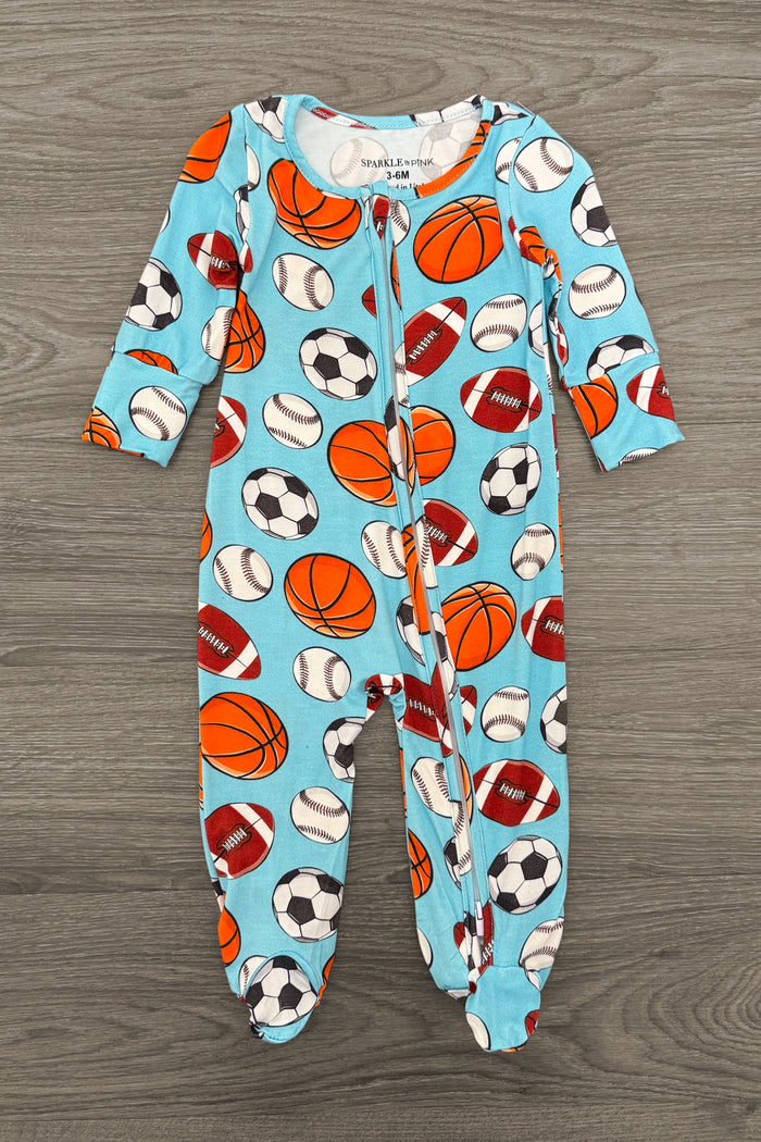 Blue Bamboo Sports Ball Onesie - Newborn - Blue bamboo onesie with long sleeves and colorful sports balls pattern including basketballs, soccer balls, and footballs.