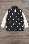 Mom & Me - Ghost Vest Set - MOM-XS - Black sleeveless puffer vest with white ghost print over a long-sleeve white shirt on wood floor background.