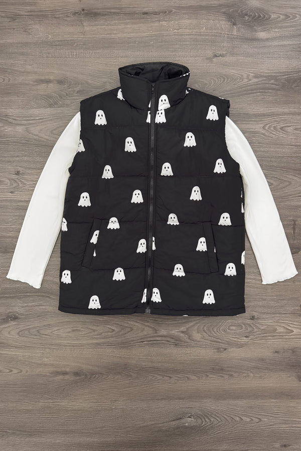 Mom & Me - Ghost Vest Set - MOM-XS - Black sleeveless puffer vest with white ghost print over a long-sleeve white shirt on wood floor background.