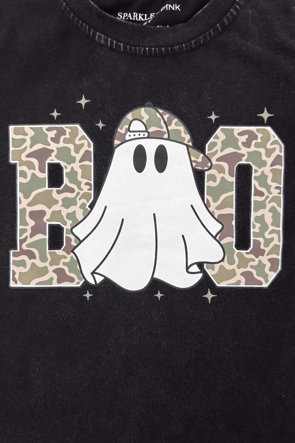 "Boo" Ghost Top - Boy Or Girl - GIRL-6-12 Months-FAMILY - Black top with large "BOO" lettering in pink and brown cheetah print and a white ghost in the center.