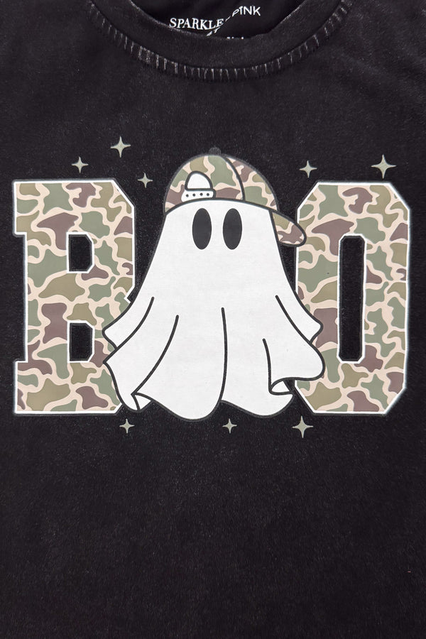 "Boo" Ghost Top - Boy Or Girl - GIRL-6-12 Months-FAMILY - Black top with large "BOO" lettering in pink and brown cheetah print and a white ghost in the center.