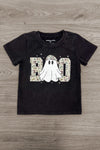"Boo" Ghost Top - Boy Or Girl - BOY-6-12 Months-FAMILY - Black short-sleeve toddler shirt with white ghost and cheetah print "BOO" lettering on front.