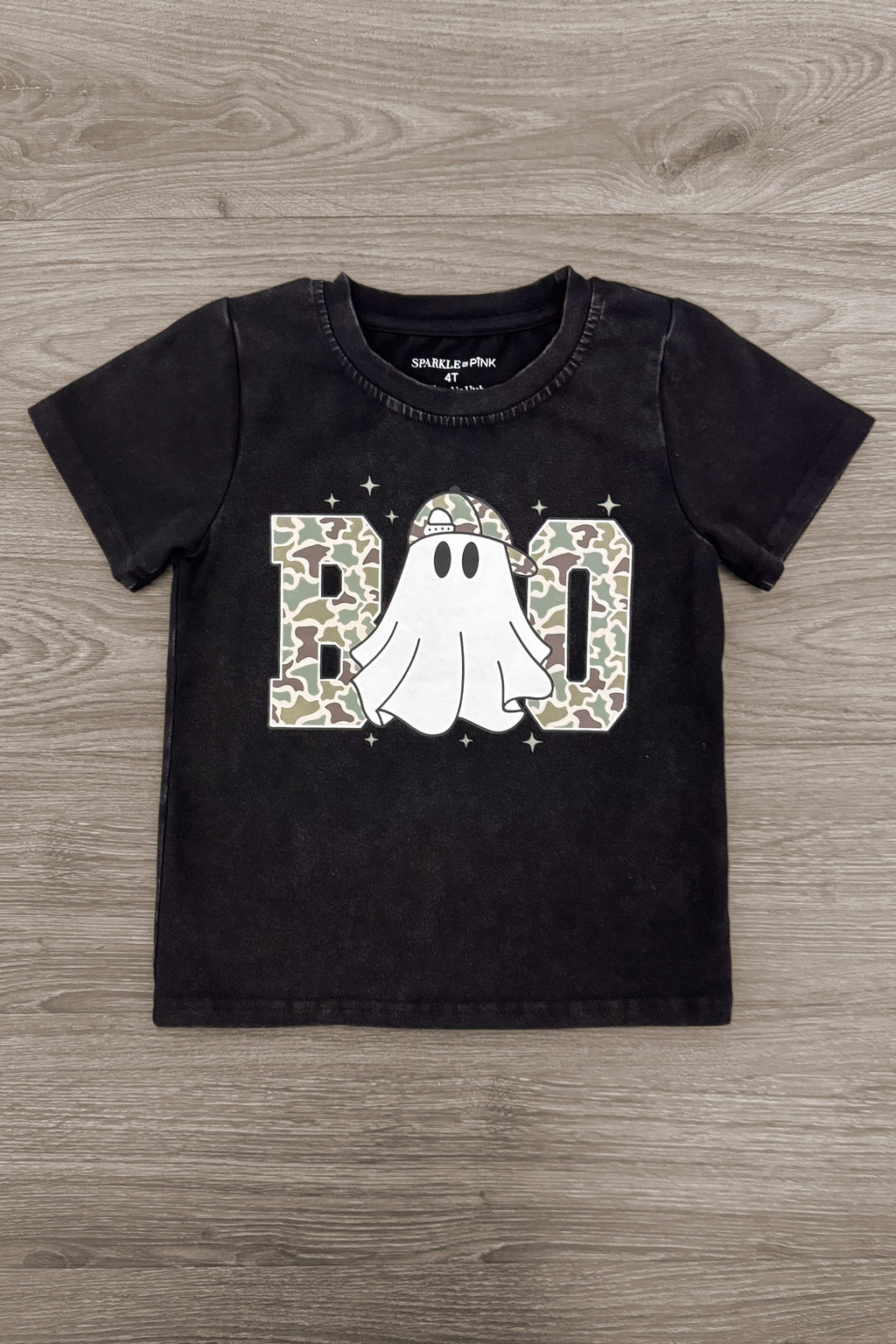 "Boo" Ghost Top - Boy Or Girl - BOY-6-12 Months-FAMILY - Black short-sleeve toddler shirt with white ghost and cheetah print "BOO" lettering on front.