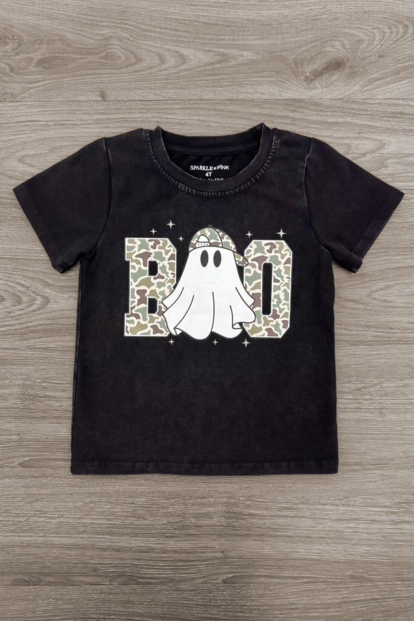 "Boo" Ghost Top - Boy Or Girl - BOY-6-12 Months-FAMILY - Black short-sleeve toddler shirt with white ghost and cheetah print "BOO" lettering on front.