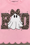 "Boo" Ghost Top - Boy Or Girl - GIRL-6-12 Months-FAMILY - Pink top with "BOO" text in leopard print, featuring a white ghost with a matching leopard bow and scalloped hem.