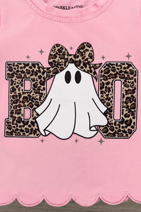 "Boo" Ghost Top - Boy Or Girl - GIRL-6-12 Months-FAMILY - Pink top with "BOO" text in leopard print, featuring a white ghost with a matching leopard bow and scalloped hem.
