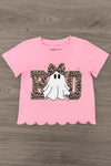 "Boo" Ghost Top - Boy Or Girl - GIRL-6-12 Months-FAMILY - Pink short-sleeve top with scalloped hem, featuring a cheetah print "BOO" design and a ghost graphic wearing a leopard bow.