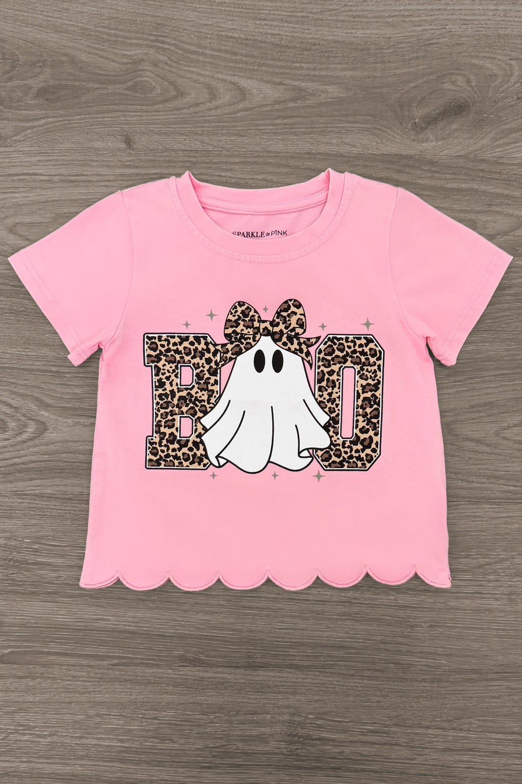 "Boo" Ghost Top - Boy Or Girl - GIRL-6-12 Months-FAMILY - Pink short-sleeve top with scalloped hem, featuring a cheetah print "BOO" design and a ghost graphic wearing a leopard bow.