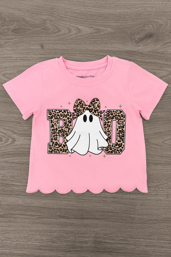 "Boo" Ghost Top - Boy Or Girl - GIRL-6-12 Months-FAMILY - Pink short-sleeve top with scalloped hem, featuring a cheetah print "BOO" design and a ghost graphic wearing a leopard bow.