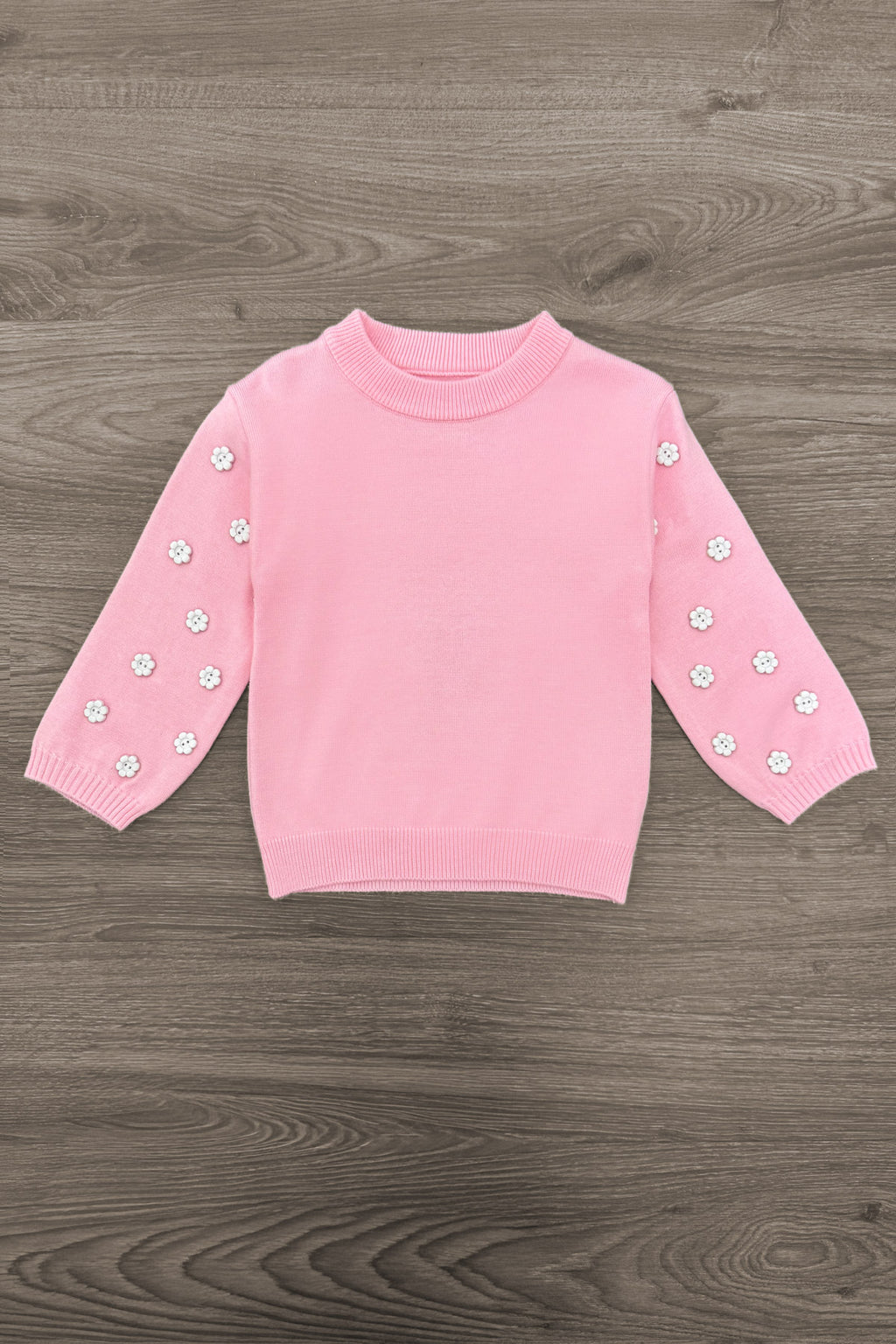 Pink & Brown Floral Skirt Set - 6-12 Months - Pink knit sweater with pearl embellishments on long sleeves and ribbed hem.