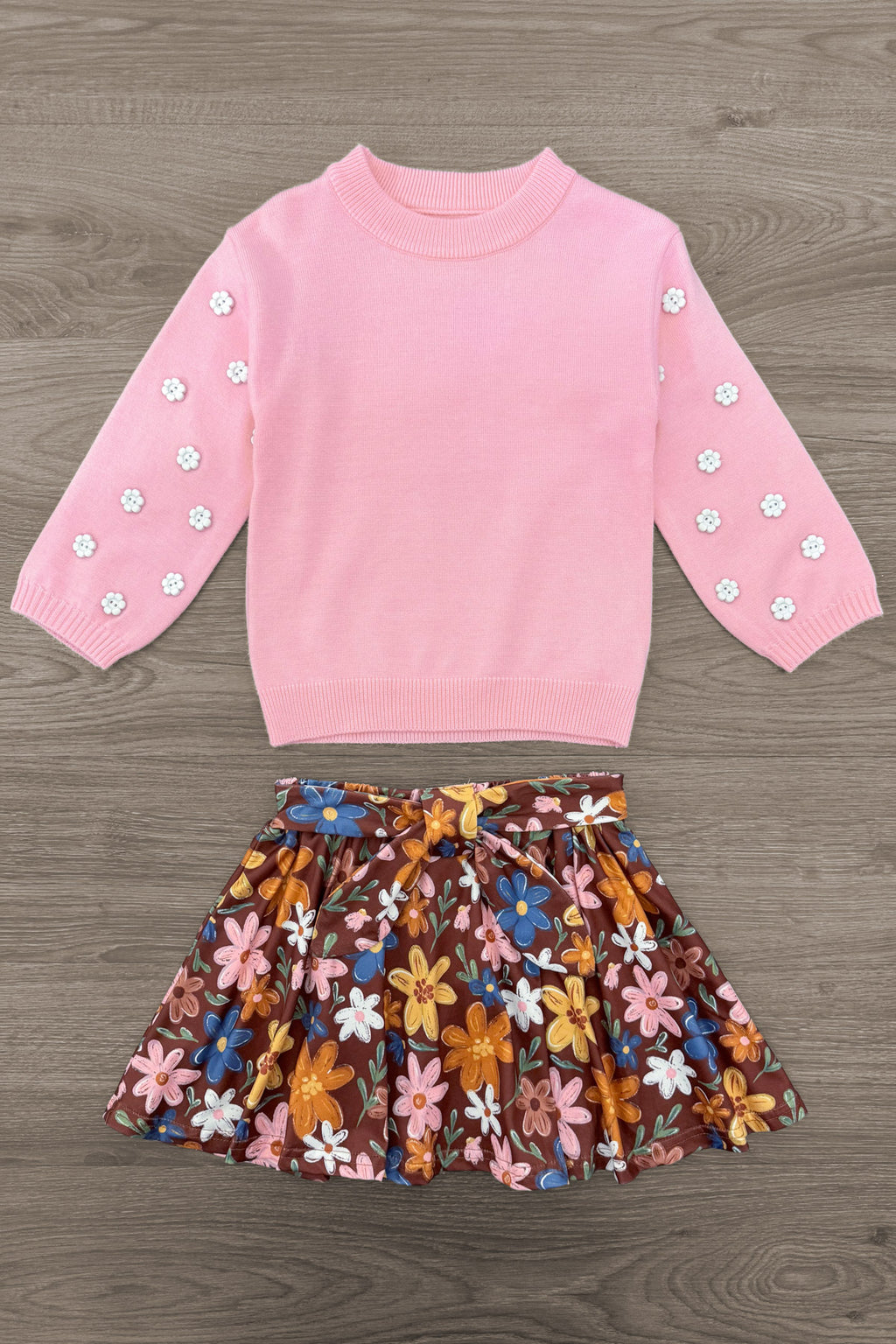 Pink & Brown Floral Skirt Set - 6-12 Months - Pink long-sleeve sweater with white floral appliques on sleeves paired with a brown floral pleated skirt.