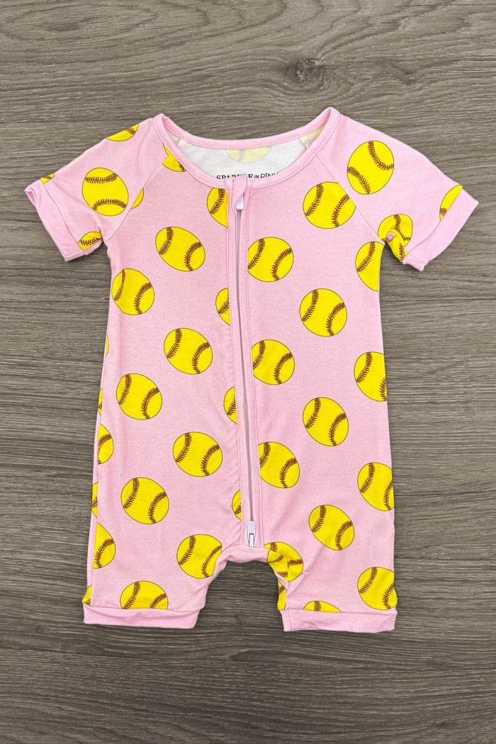 Pink Bamboo Softball Onesie - Newborn - Pink short-sleeve baby onesie with yellow softball print and front snap closure.