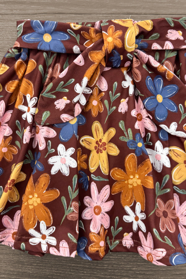 Pink & Brown Floral Skirt Set - 6-12 Months - Brown skirt with vibrant pink, orange, blue, and white floral pattern and gathered waistband.