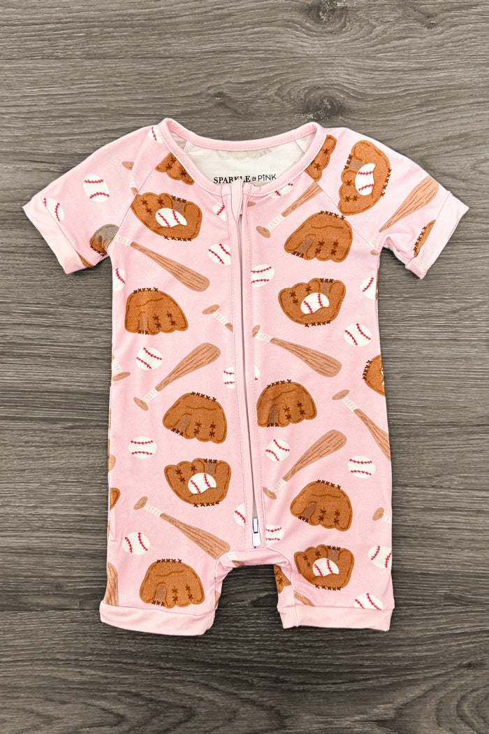 Pink Bamboo Baseball Onesie - Newborn - Pink short-sleeve baby onesie with baseball glove and bat prints and front zipper closure.