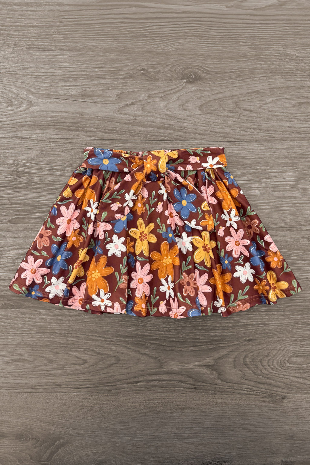 Pink & Brown Floral Skirt Set - 6-12 Months - Brown pleated skirt with vibrant pink, orange, and blue floral print.