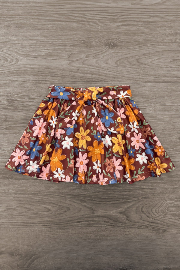 Pink & Brown Floral Skirt Set - 6-12 Months - Brown pleated skirt with vibrant pink, orange, and blue floral print.