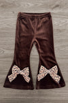 Cheetah Pumpkin Velvet Flare Set - 6-12 Months - Brown velvet flare pants with cheetah print bows on the flared hems.