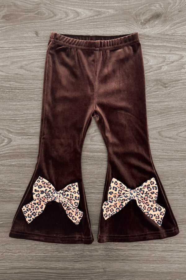 Cheetah Pumpkin Velvet Flare Set - 6-12 Months - Brown velvet flare pants with cheetah print bows on the flared hems.