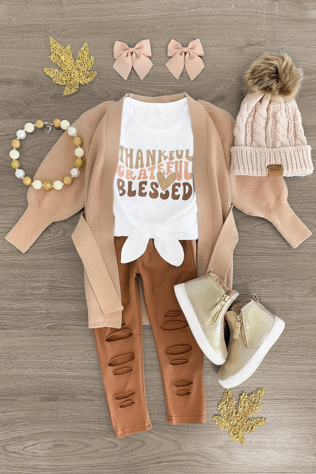 "Thankful, Grateful, Blessed" Brown Legging Set - Sparkle in Pink