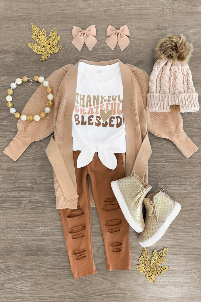 "Thankful, Grateful, Blessed" Brown Legging Set - 3XS-6-12 Months - Toddler brown leggings with distressed details paired with a white short-sleeve shirt reading "Thankful Grateful Blessed" in.