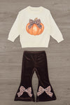 Cheetah Pumpkin Velvet Flare Set - 6-12 Months - Cream long-sleeve top with pumpkin and cheetah bow graphic paired with brown velvet flare pants featuring cheetah print bows