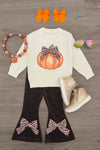 Cheetah Pumpkin Velvet Flare Set - 6-12 Months - Cream long-sleeve top with cheetah print pumpkin graphic, dark brown velvet flare pants with cheetah bows at hems, paired.