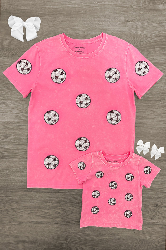 Mom & Me - Pink Sequin Soccer Top - CHILD-6-12 Months - Pink short-sleeve top with black and white sequin soccer ball patterns, adult and child sizes displayed.