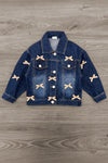 Plaid Bow Denim Jacket - 6-12 Months - Dark blue denim jacket with button front, chest pockets, and beige plaid bow appliqués on sleeves and front panels.