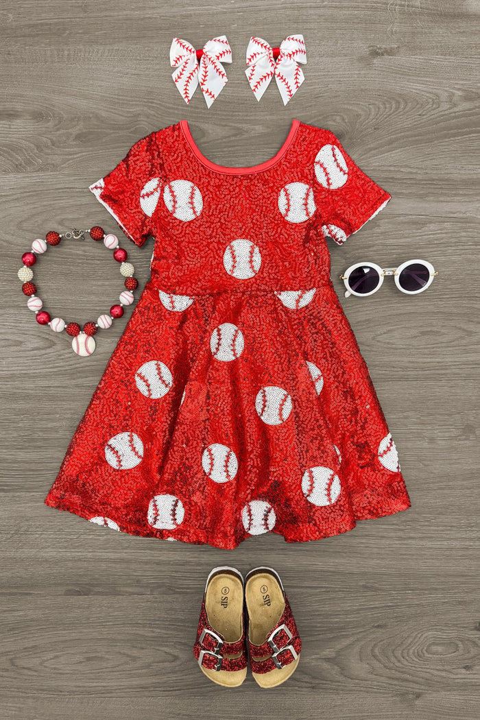 Red Sequin Baseball Dress - 3XS-6-12 Months - Red sequin baseball dress with white baseball print, paired with matching bow headband, bead necklace, white round.