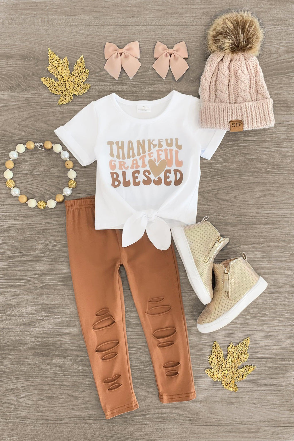 "Thankful, Grateful, Blessed" Brown Legging Set - Sparkle in Pink