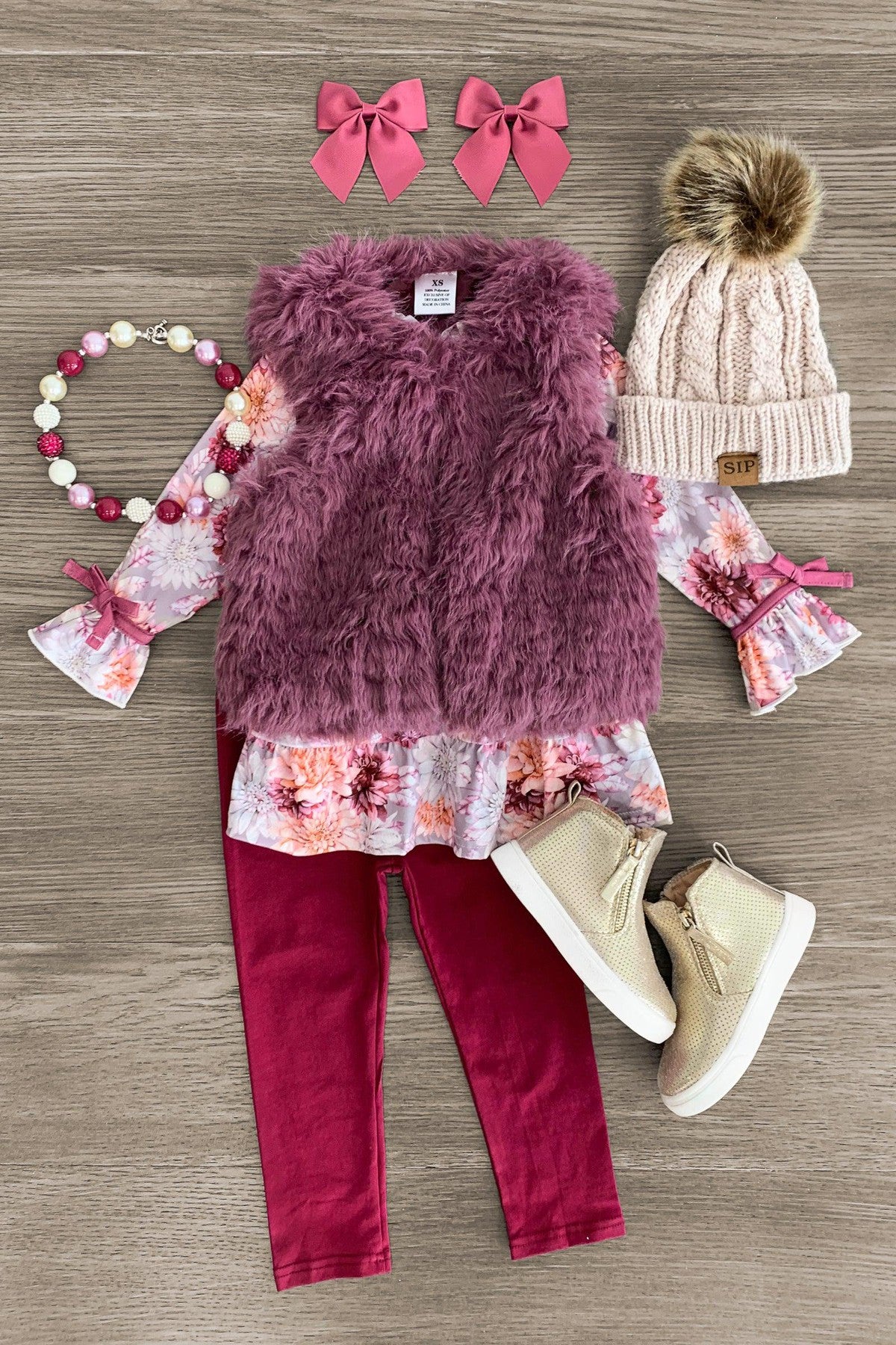 Plum Floral Fur Vest Set - 3 Piece | Sparkle In Pink
