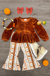 Floral Pumpkin Velvet Flare Set - 6-12 Months - Rust velvet long-sleeve top with ruffle waist paired with cream floral striped bell-bottom pants.