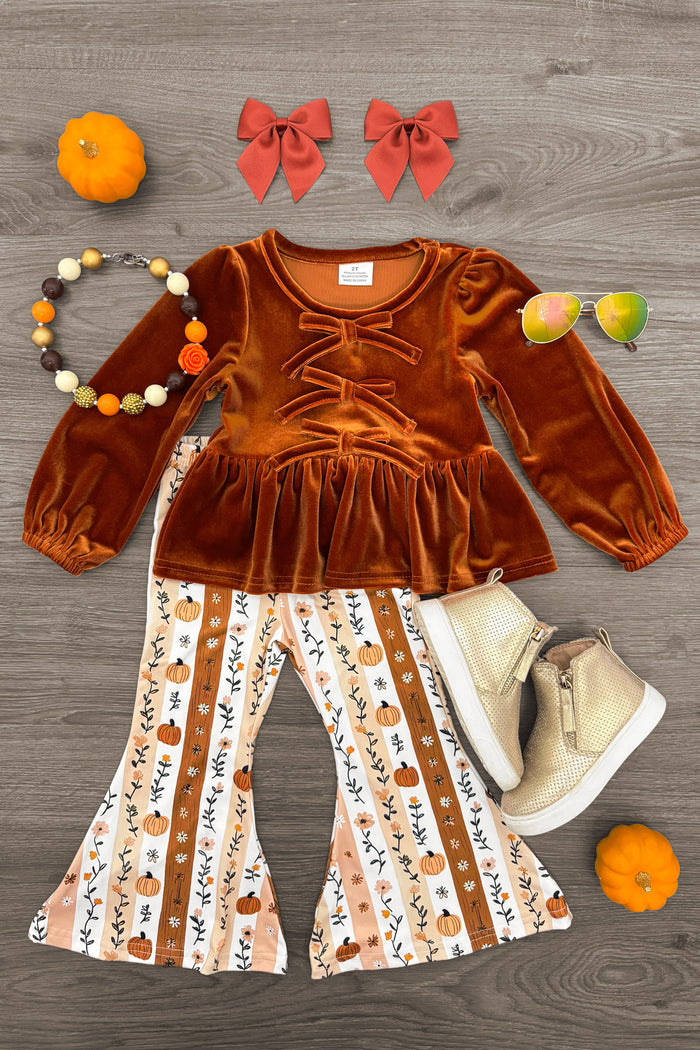 Floral Pumpkin Velvet Flare Set - 6-12 Months - Rust velvet long-sleeve top with ruffle waist paired with cream floral striped bell-bottom pants.